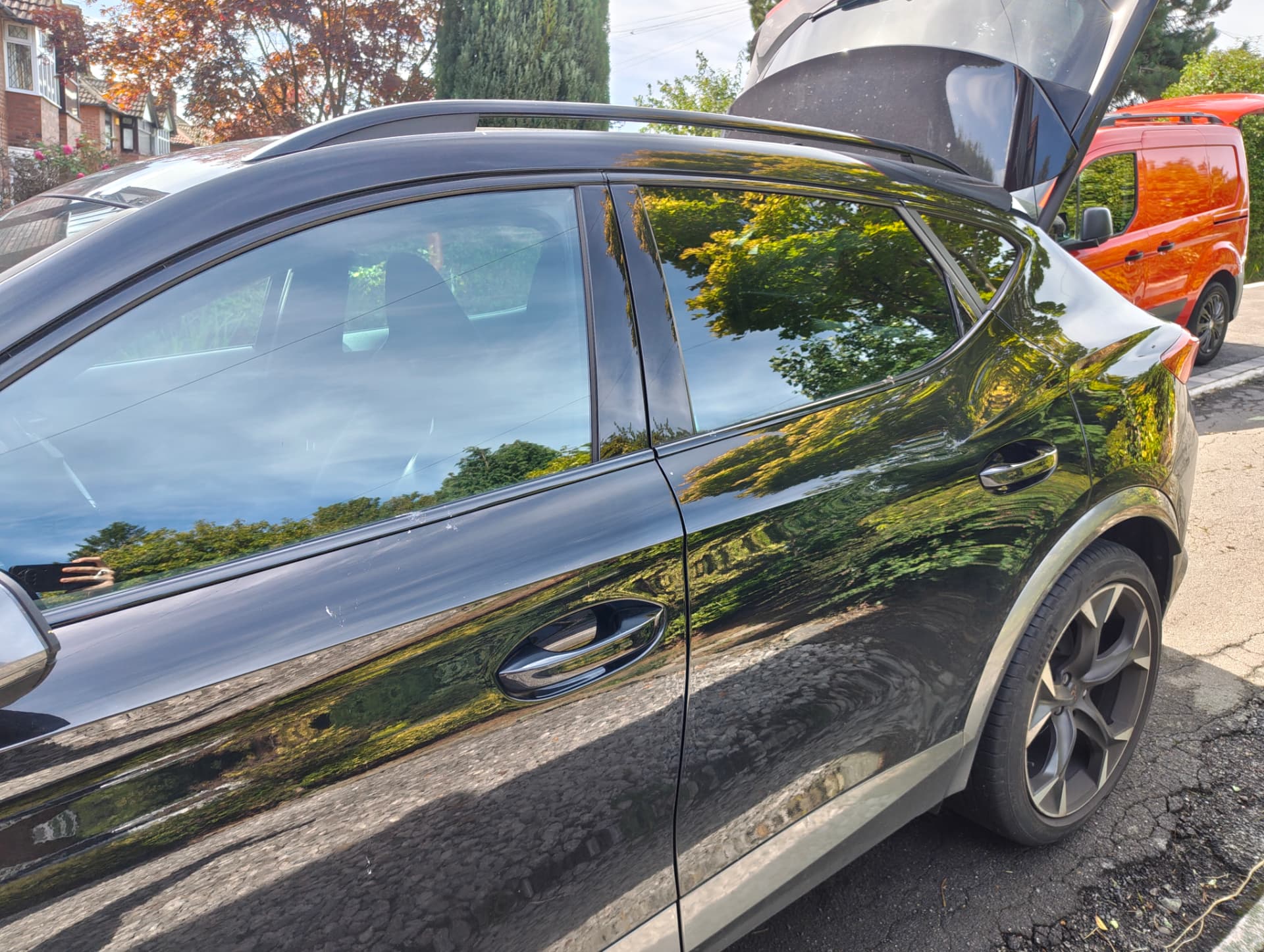 Cupra rear side profile with glossy paintwork after detail