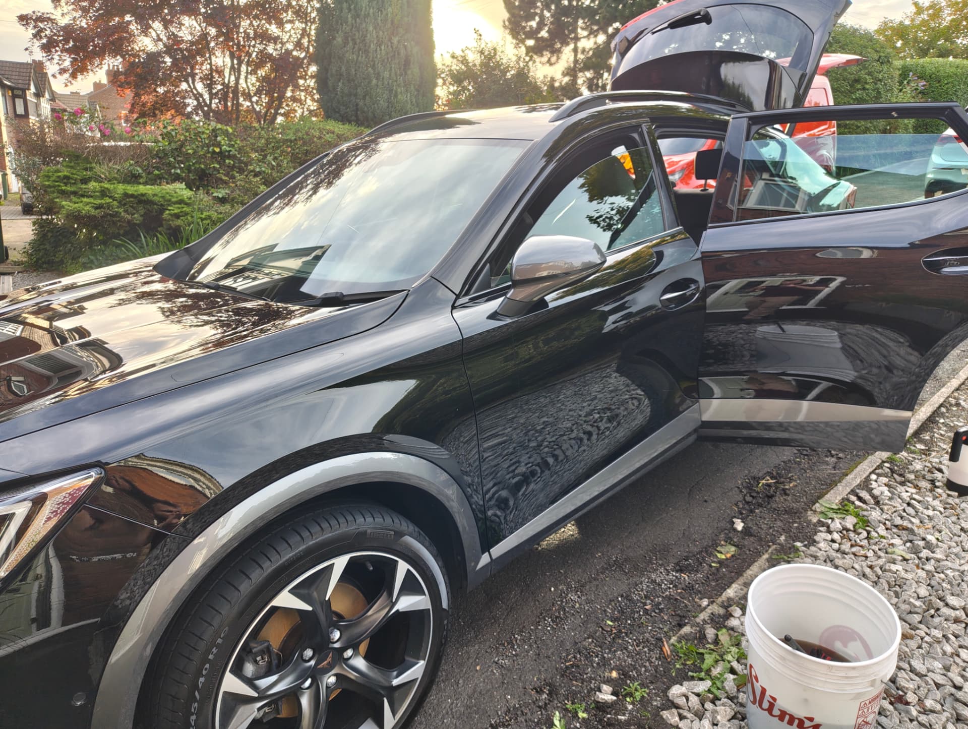 Cupra front quarter gleaming in the sun after detailing