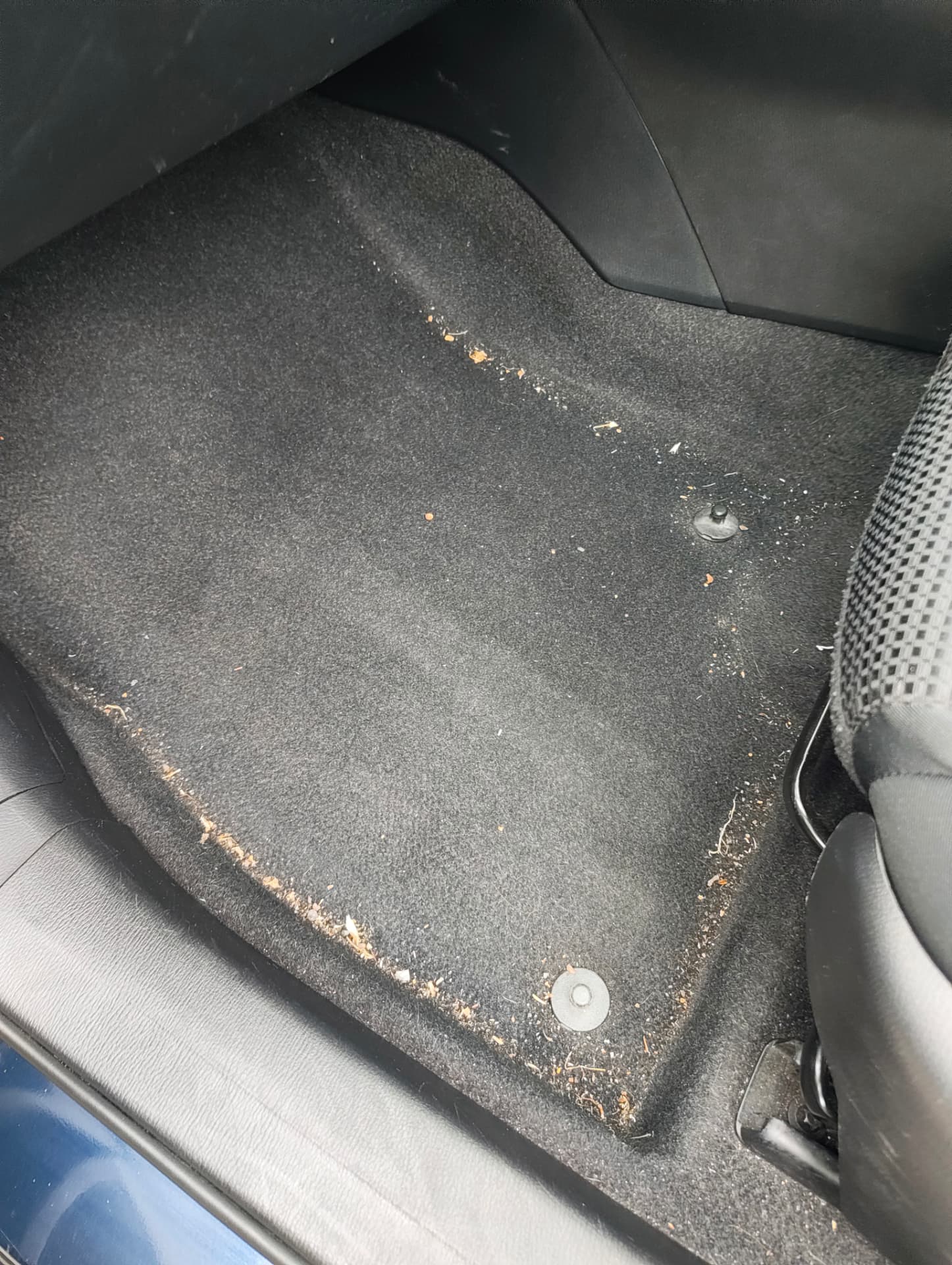 Rear footwell carpet with embedded dirt before extraction