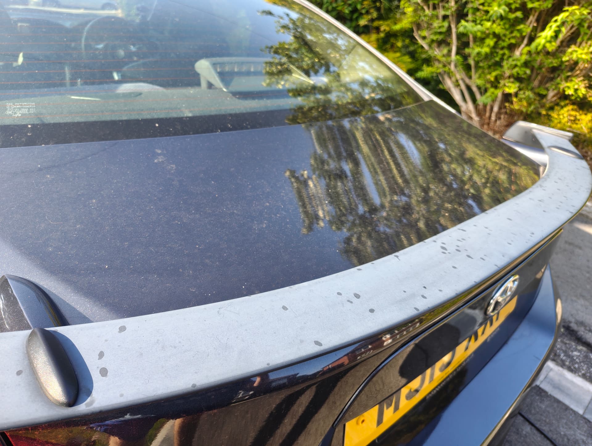 GT86 boot lid and spoiler covered in dust and water spots before wash