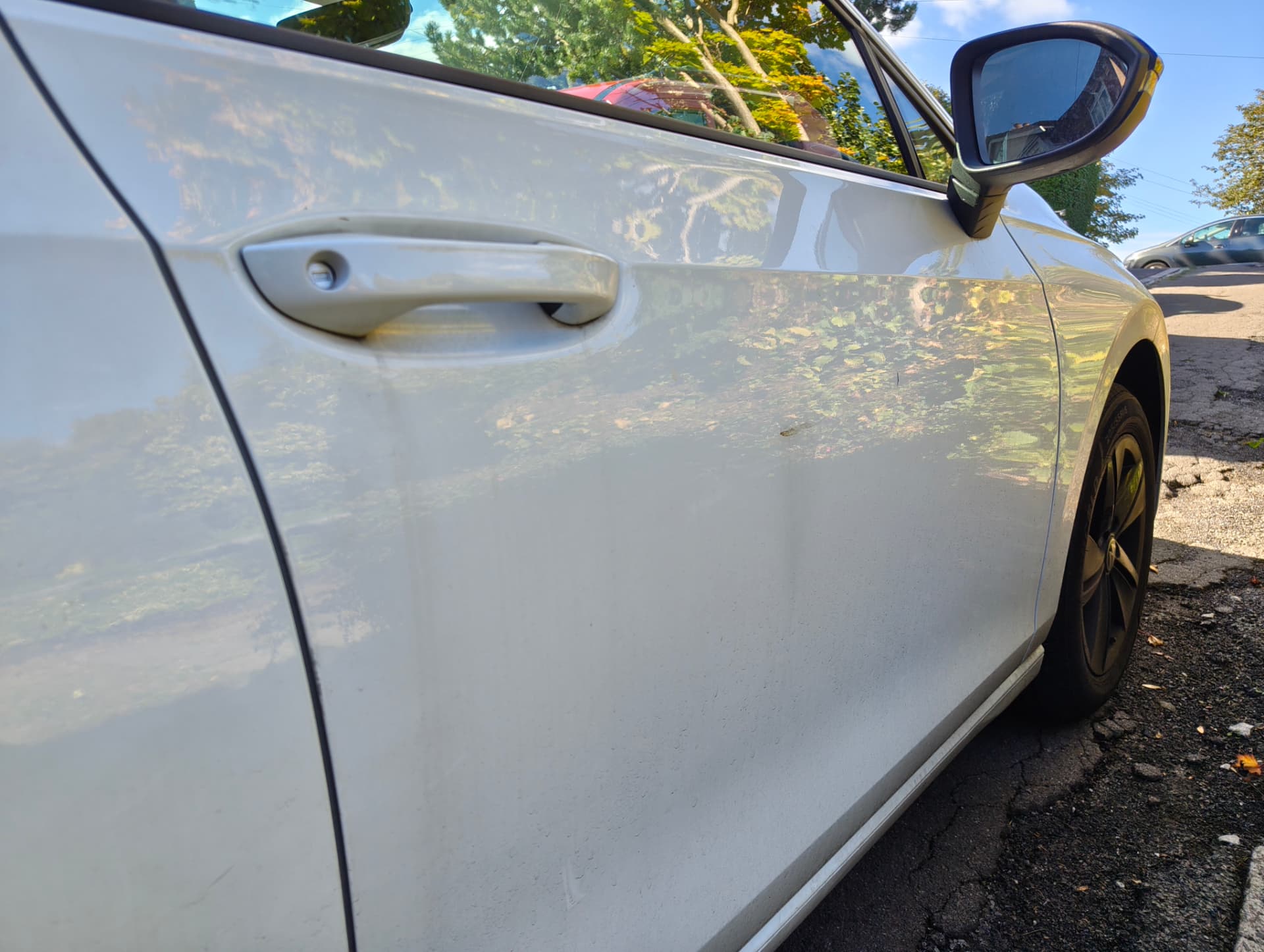 Golf door handle and mirror with grime streaks before wash